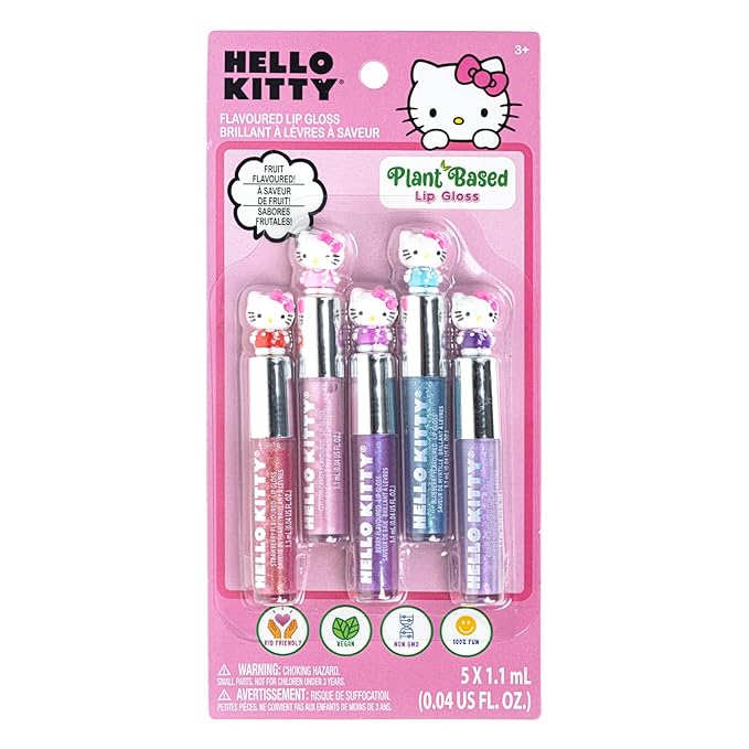 Townley Girl Hello Kitty 5 Pc Plant Based, Moisturizing Lip Gloss Makeup Set for Girls Kids Toddlers, Perfect for Parties Sleepovers Makeovers Birthday Gift for Girls 3 Yrs+