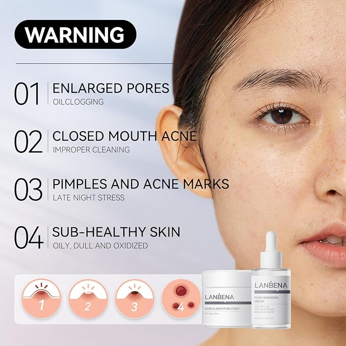 LANBENA 3 in 1 Blackheads Removing Kit, Nose Pore Strips 30g+Pore Serum 30ml+ Strip Paper, Black Head Remover Mask for Nose, Pore Minimizer for Face