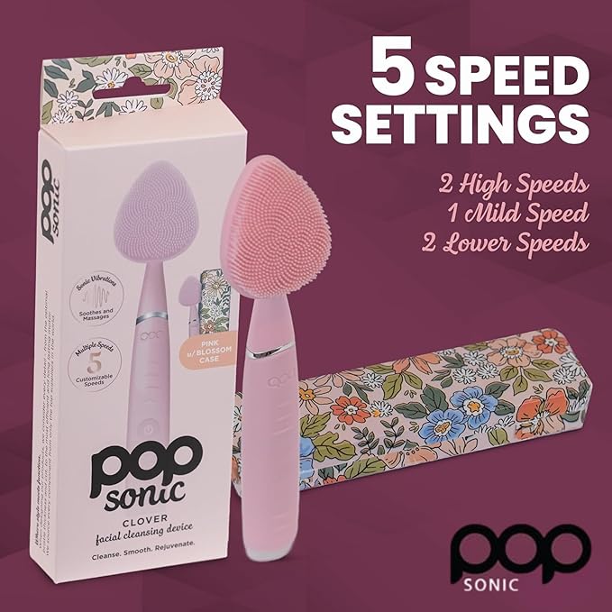 Pop Sonic Clover Facial Cleansing Device- Silicone Pore Cleaning Tool w/Case- 8000VPM, USB Charging Skin Care Tools for Face (Pink)