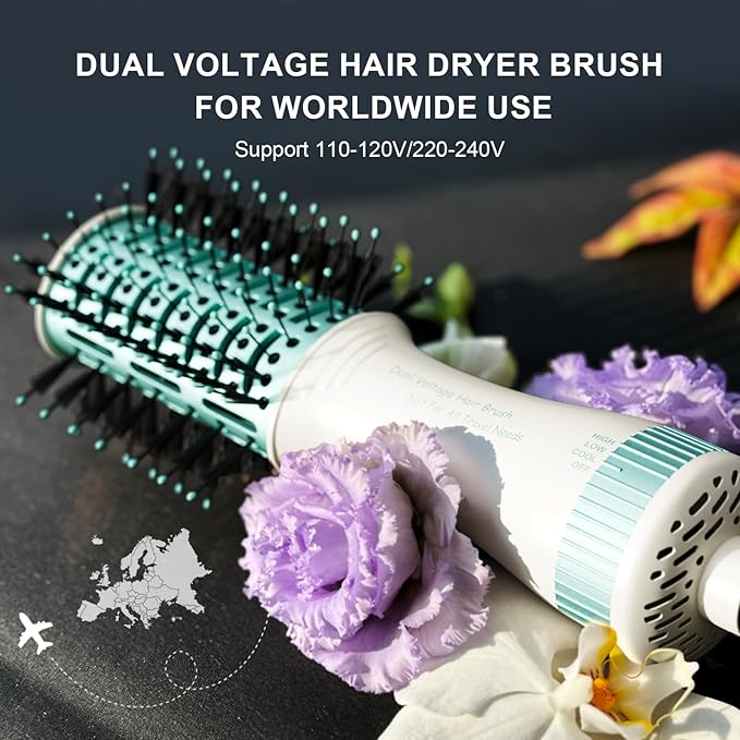 Dual Voltage Travel Hair Dryer Brush 4-IN-1 Portable Mini Hot Air Blow Dryer Straightener & Curler Brush, Titanium Round Blowout Styler Volumizer Tools, 110/240V US/EU/UK Plug for International Travel