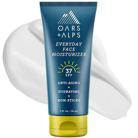 Oars + Alps Travel Sunscreen for Face & Everday Use, SPF 37 Anti Aging Face Sunscreen & Body Lotion, Infused with Hyaluronic Acid, Vitamin E and B5, No White Residue, Water & Sweat Resistant, 2oz
