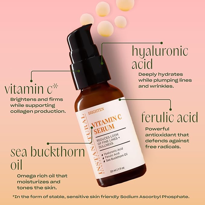 InstaNatural Vitamin C Face Serum with Hyaluronic Acid & Ferulic Acid | Brightening & Hydrating Formula for Radiant, Smooth-Looking Skin – 1 FL Oz - 3 Pack
