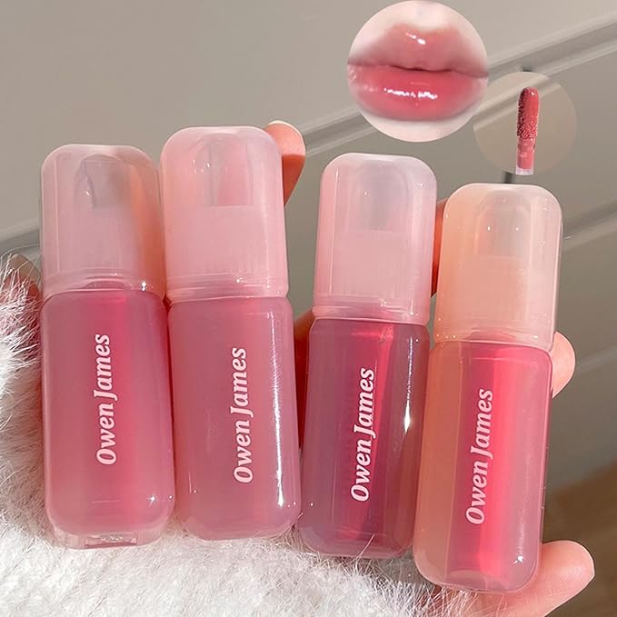 Dulele 4PCS Jelly Lip Gloss Hydrating Lip Glaze, Glossy Plumping Lipgloss Waterproof Non-Stick Cup Tinted Lip Balm, Mirror Finish Liquid Lipstick for Women and Girls