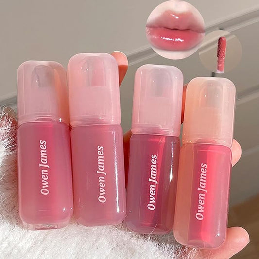 Dulele 4PCS Jelly Lip Gloss Hydrating Lip Glaze, Glossy Plumping Lipgloss Waterproof Non-Stick Cup Tinted Lip Balm, Mirror Finish Liquid Lipstick for Women and Girls