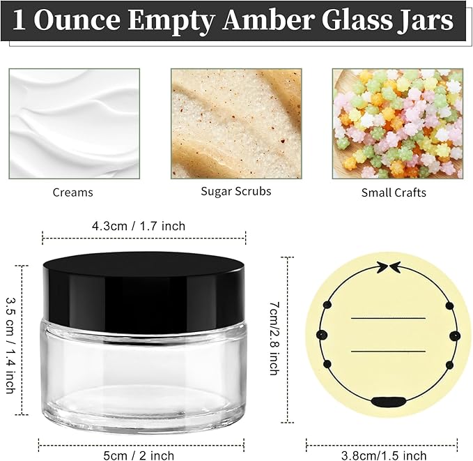 TUZAZO 1oz Glass Jars with Black Lids, 4 Pack Small Glass Jars with Inner Liners & Stickers Refillable Empty Cosmetic Containers for Creams, Lotions, Body Butters, Powders