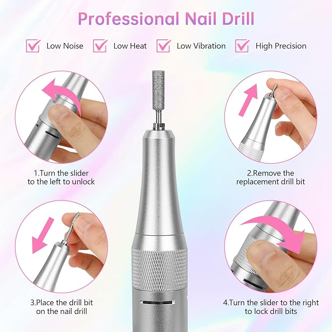Electric Nail Drill - 45000RPM Portable Nail Drill丨Rechargeable Nail E-File Kit with 11 Bits & Base丨LED Screen丨Ultra-Silent, Rechargeable Nail Drills Machine for Acrylic Nails Gel Polishing(White)