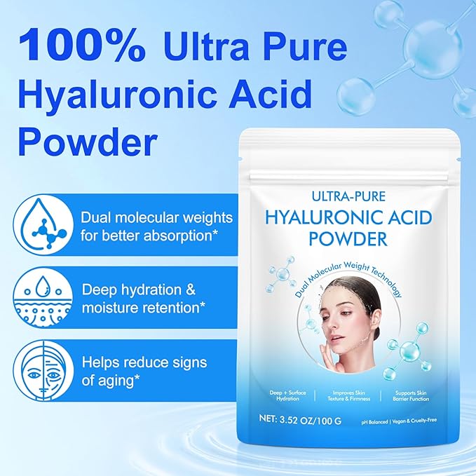 100% Pure Hyaluronic Acid Serum Powder for Face & Skin,DIY Making Hyaluronic Acid Gel Serum,Water Soluble Moisturizing for Skin Care (1 Pack)