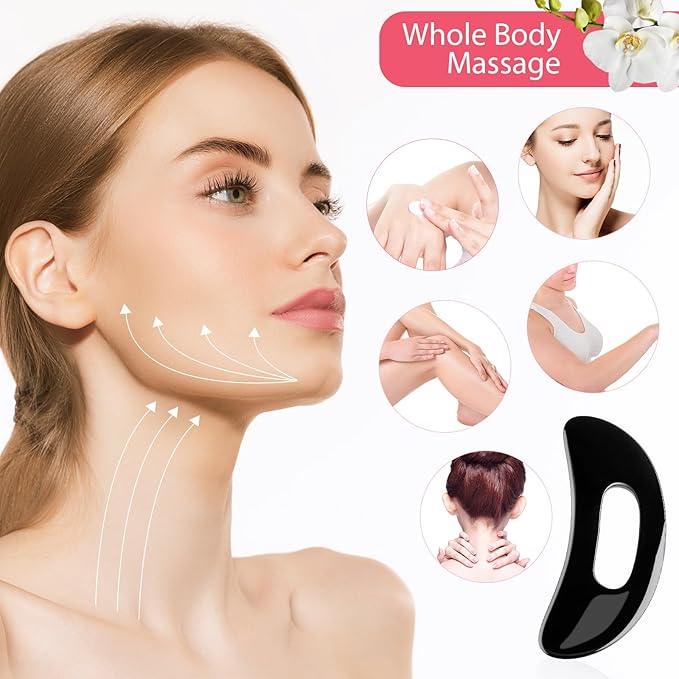 Treela 5 Pcs Gua Sha Facial Tools Set and 1 Pcs Body Gua Sha Massage Tool with Handle for Face Back Neck Leg Body Scraping Massage Board Guasha Comb(Jade, Resin,Black)