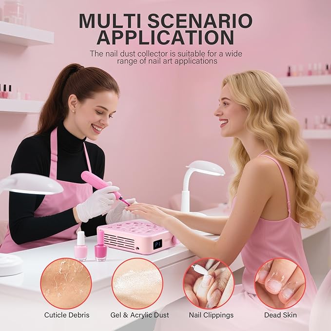 AILLSA Nail Dust Collector: Professional Powerful Suction Dust Collector Nail Tech Adjustable Speed with LED Display & Brush & Filter Paper for Acrylic Gel Nail Polish Manicure Salon & Home Use（Pink）