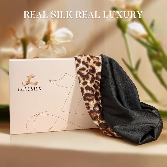 LULUSILK 100% Mulberry Silk Bonnet for Sleeping, No More Frizzy Tangled Hair, Stay On All Night Adjustable Silk Night Cap for Sleeping, Brown Leopard, Pack of 1