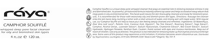 Raya Camphor Soufflé Facial Cleanser (101) - pH-Balanced Blemish Facial Wash for Oily & Break-Out Skin, Blackheads & Whiteheads, Clarify Pores, Refreshing Camphor Formula, Smooth Complexion - 4oz