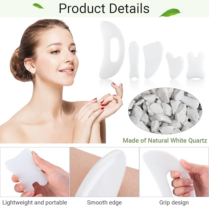 Treela 5 Pcs Gua Sha Facial Tools Set and 1 Pcs Body Gua Sha Massage Tool with Handle for Face Back Neck Leg Body Scraping Massage Board Guasha Comb(Jade, Resin,White)