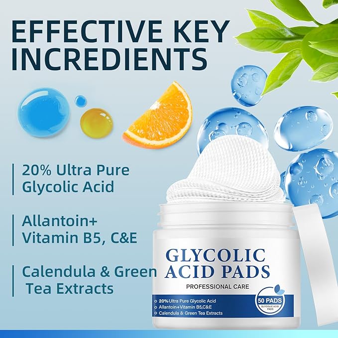 Glycolic Acid 20% Resurfacing Pads for Face and Body – Exfoliating Peel Pads with Vitamins B5, C, E, Green Tea, Calendula, Allantoin – Reduces Fine Lines and Wrinkles – 50 Count