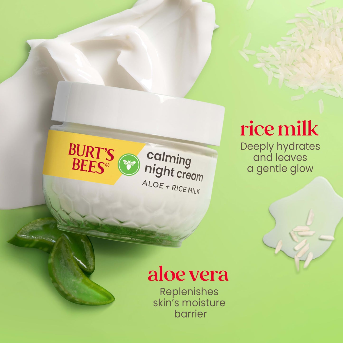 Burt's Bees Back To School Dorm Essentials, Calming Night Cream, With Aloe and Rice Milk, Face Moisturizer For Sensitive Skin, 98.8 Percent Natural Origin, 1.8 oz. Tub