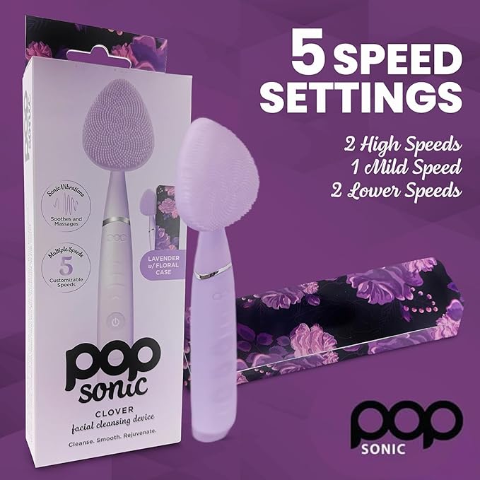 Pop Sonic Clover Facial Cleansing Device- Silicone Pore Cleaning Tool w/Case- 8000VPM, USB Charging Skin Care Tools for Face (Lavendar)