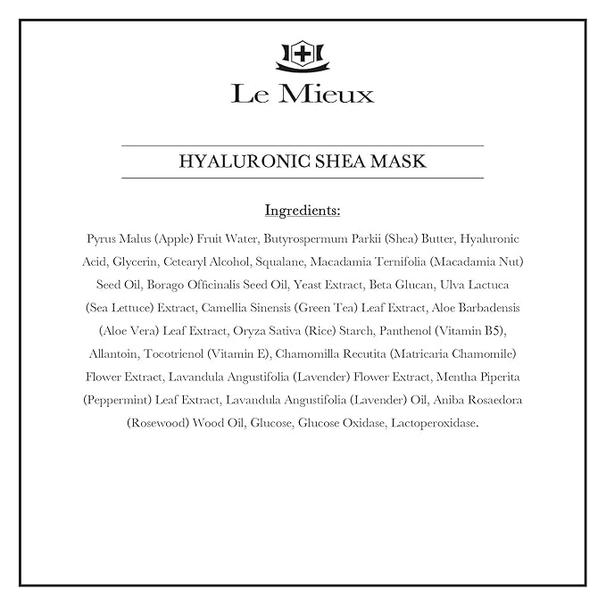 Le Mieux Hyaluronic Shea Mask - Hydrating Cream Mask for Dry & Mature Skin with Shea Butter & Botanical Extracts, Hyaluronic Acid Facial Mask with No Parabens or Sulfates (2 oz / 60 ml)