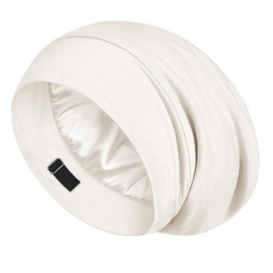 LULUSILK Mulberry Silk Lined Sleep Cap, No More Frizzy Tangled Hair, Stay On All Night Silk Hair Wrap for Sleeping with Adjustable Strap, Silk Bonnet for Women and Men, White, Pack of 1