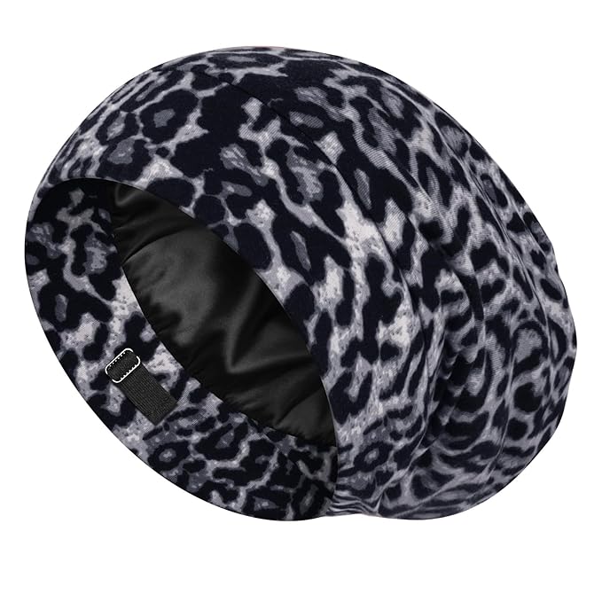 LULUSILK 100% Mulberry Silk Lined Sleep Cap, No More Frizzy Tangled Hair, Stay On All Night Adjustable Silk Hair Wrap for Sleeping, Black Leopard, Pack of 1