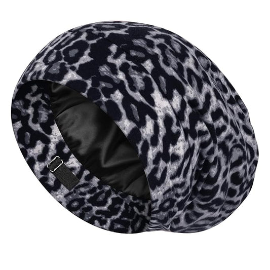 LULUSILK 100% Mulberry Silk Lined Sleep Cap, No More Frizzy Tangled Hair, Stay On All Night Adjustable Silk Hair Wrap for Sleeping, Black Leopard, Pack of 1