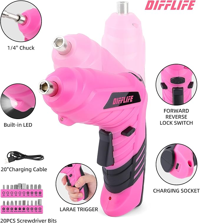 Pink Tool Set for Women, 126-Piece Lady's Power Screwdriver Cordless Rechargeable Set Home Repairing Tool Set with 13-Inch Wide Mouth Open Storage 126PCS 3.6V Electric Screwdriver Tool Bag