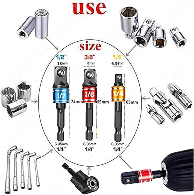 17pcs Flexible Drill Bit Extension, Include 3pcs Impact Socket Adapter 2pcs Hex Shank 105° Right Angle Drill Attachment 10 Short Screwdriver Bits Bendable Drill Bit Extension and 90° Angled Bits