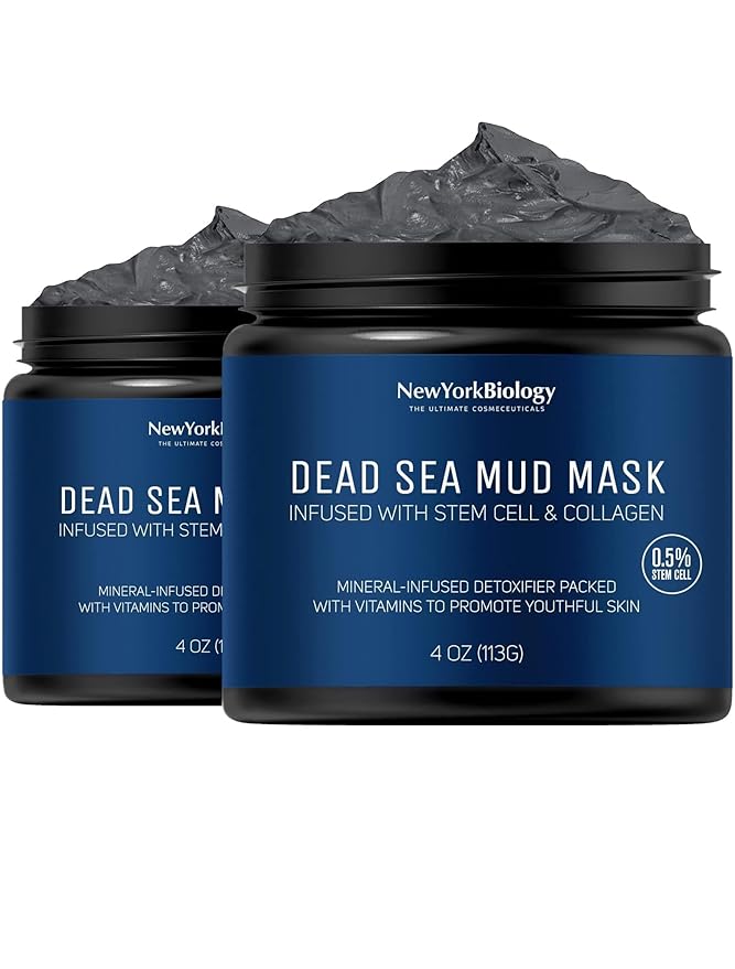 New York Biology Dead Sea Mud Mask for Face and Body with Stem Cell and Collagen - Spa Quality Pore Reducer for Acne, Blackheads and Oily Skin, Natural Skincare - Tightens Skin - 4 oz - Pack of 2