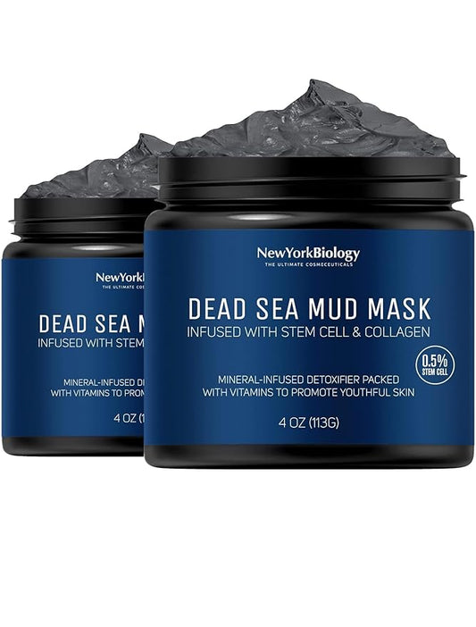 New York Biology Dead Sea Mud Mask for Face and Body with Stem Cell and Collagen - Spa Quality Pore Reducer for Acne, Blackheads and Oily Skin, Natural Skincare - Tightens Skin - 4 oz - Pack of 2