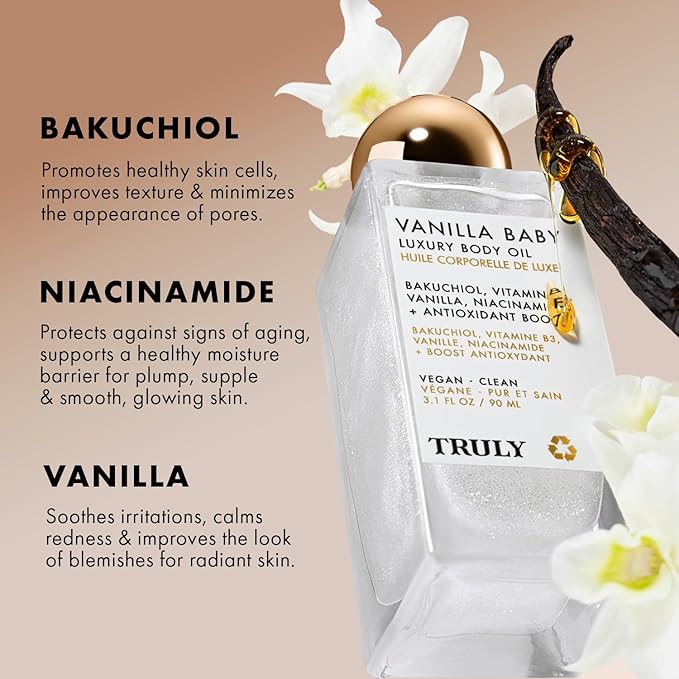 Truly Beauty Vanilla Baby Luxury Body Oil | Plumping Body Shimmer Oil for Hydration & Firmness | With Bakuchiol & Niacinamide for Collagen Boost | Vanilla, Pear & Caramel Scent | Radiant Glow