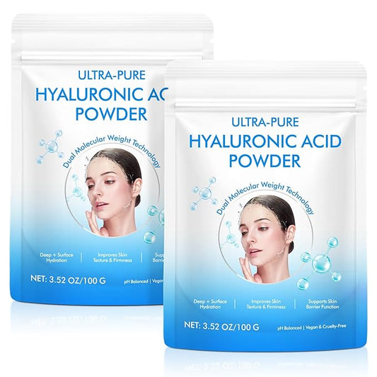 Hyaluronic Acid Powder 2 Pack for Skin & Face, Hyaluronic Acid Serum Powder, High & Low Molecular Weight, Water Soluble, DIY Serums for All Skin Types Hydration and Moisture, Includes Scoop