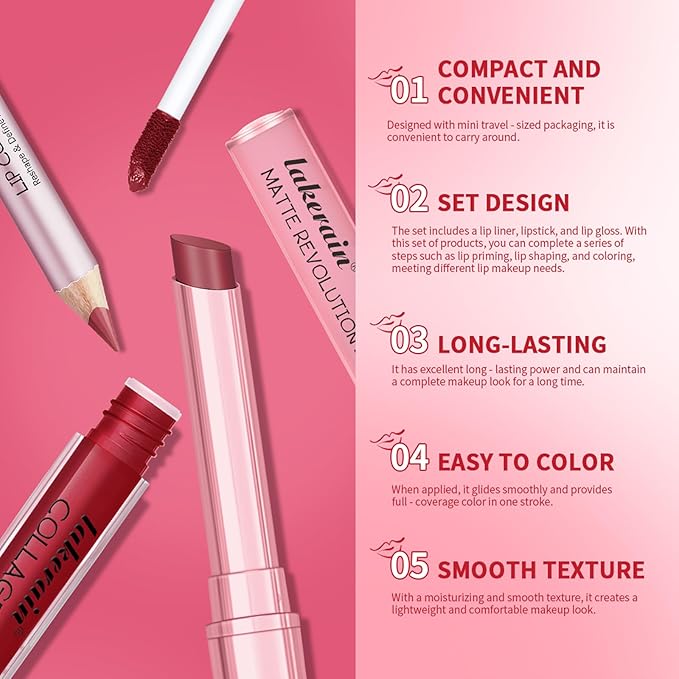 3PCS Lip Liner and Lipstick Combo Set - Matte Lip Liner Pencil, Velvet Matte Lipstick & Hydrating Collagen Lip Gloss - Long-Lasting, Smudge-Proof, High Pigment Nude Pink Lip Makeup Kit (Set 1, 3)