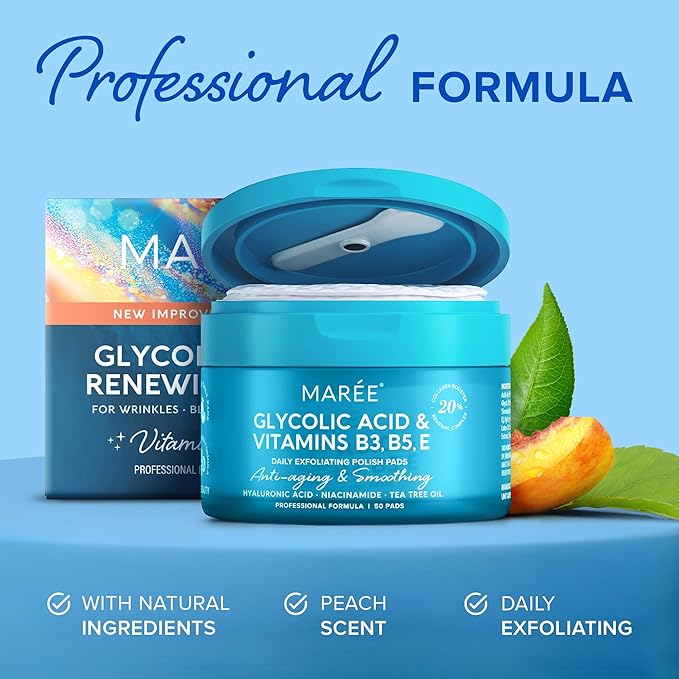 MAREE Glycolic Acid Polishes 2 PACK - Toner Polishes for Face Cleansing - Tea Tree Oil, Salicylic Acid & Vitamins E, B3, B5 - Facial Peel & Radiance Deep Cleaning Effect