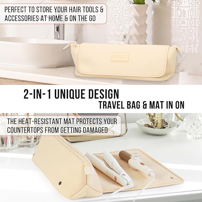 Hair Tools Travel Bag and Heat Resistant Mat for Flat Irons, Straighteners, Curling Iron, and Haircare Accessories, 2-in-1 design, with Interior Pockets, Portable Organizer