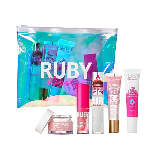 Ruby Kisses Value Lip Care Travel Kit With Rosehip Oil Clear Lip Gloss, High Shine Plumping Gloss, Pink Lip Oil Booster, Exfoliating Lip Scrub, Hydrating Intensive Lip Mask + Holographic Makeup Bag