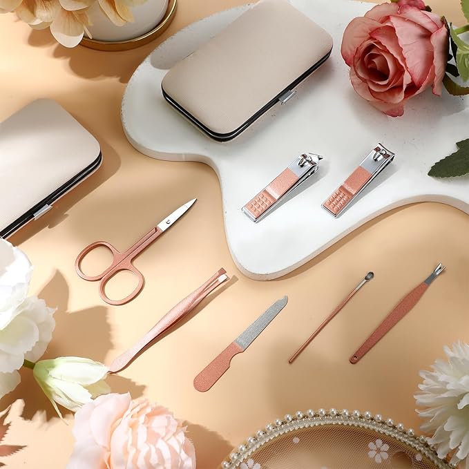 Geosar 50 Set Travel Manicure Kit Nail Clippers Pedicure Professional Nail Care Tools Stainless Steel Grooming Set with Portable Travel Case Gifts for Mother Father(8 In1,Rose Gold)