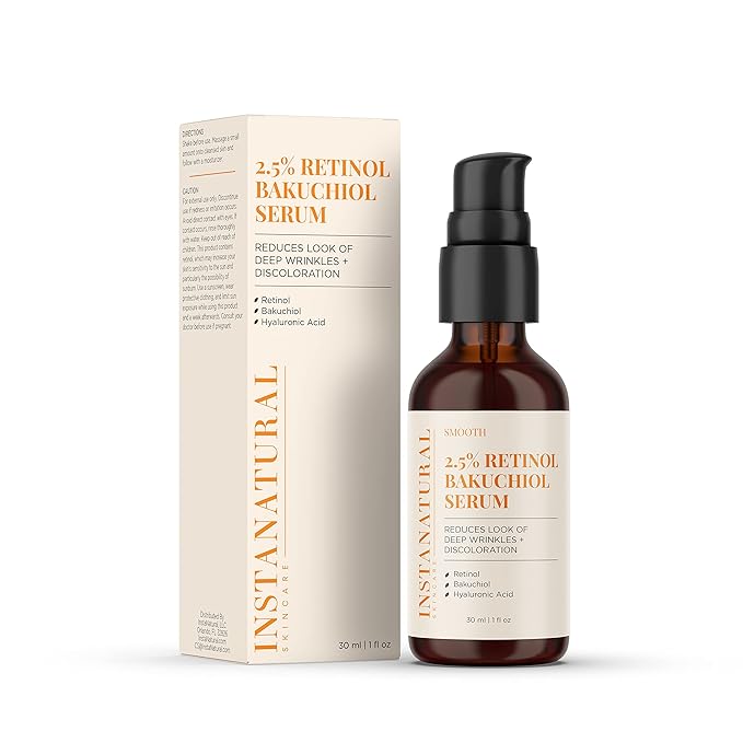 InstaNatural Retinol Serum for Face with 2.5% Retinol, Bakuchiol, Hyaluronic Acid & Squalane | Smoothing Serum for Even-Toned, Youthful-Looking Skin – 1 Fl Oz