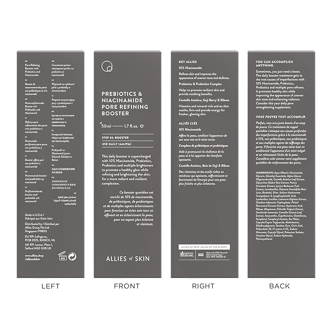 Allies of Skin Prebiotics & Niacinamide Pore Refining Booster: 10% Niacinamide, Goji Berry, Lysophosphatidic Acid. Pore Reducing Serum. Firms & Brightens. Strengthens Skin Barrier 1.7 oz / 50 ml