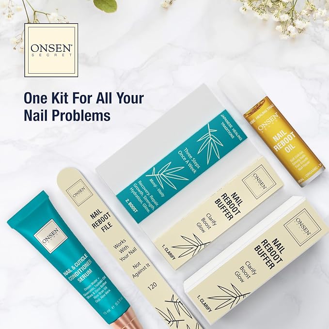 Onsen Secret Ultimate Nail Reboot Kit - Professional Nail File and Buffer, 3-Way Block w/Replacement Pads, Nail Strengthening Cuticle Cream, Reboot Oil & Anti Aging Hand Lotion