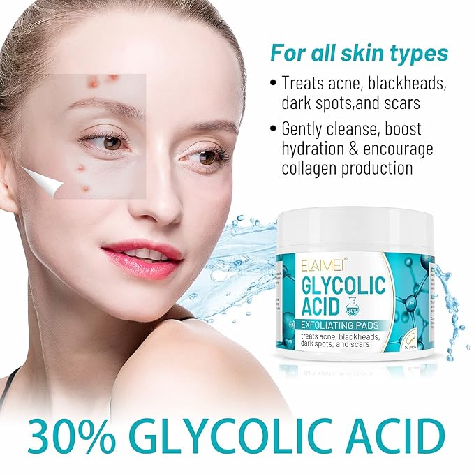 30% Glycolic Acid Pads Wipes for Skin Care Exfoliating Cleansing, Face Pore Cleaner Minimizer Acne Treatment, Chemical Peel Solution for Dark Spots, Breakouts, Scars,Reduce Wrinkle Fine Lines,100 Pads