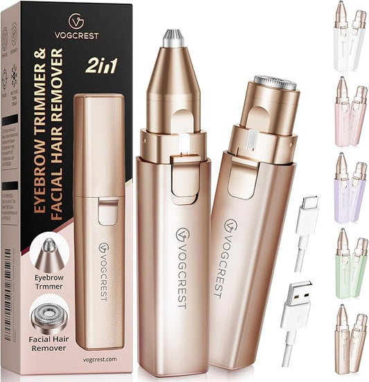 Rechargeable Facial Hair Remover for Women: 2 in 1 Electric Eyebrow and Facial Hair Remover - Suitable for Middle-aged Women’s Eyebrow, Chin, and Cheek Trimming - with Built-in LED Light (Gold)