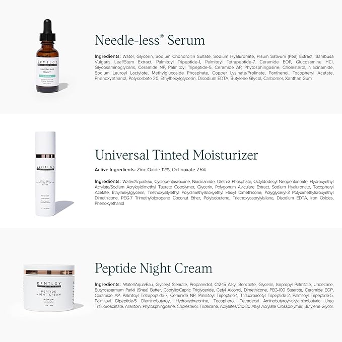 DRMTLGY Anti-Aging Trio: Needle-less Serum, Tinted Moisturizer with SPF 46, & Peptide Night Cream