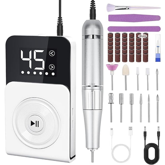 Nail Drill, Professional 45000RPM Electric Nail File with 12 Drill Bits Remover Gel Nail Polish Acrylic Nails Manicure for Salon Home(White)