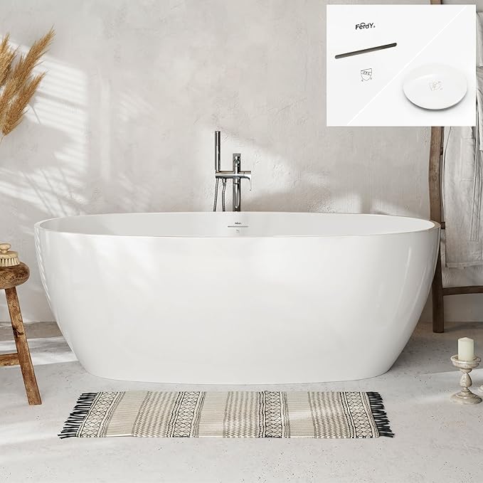 FerdY Tahiti 67" Freestanding Bathtub Elegant Oval Shape, Glossy White Double Walled Insulation bathtub with Center Polished White Drain & Overflow, cUPC Certified