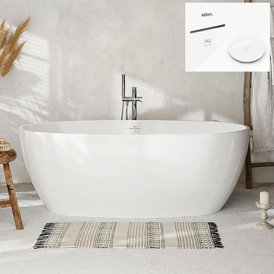 FerdY Tahiti 67" Freestanding Bathtub Elegant Oval Shape, Glossy White Double Walled Insulation bathtub with Center Polished White Drain & Overflow, cUPC Certified