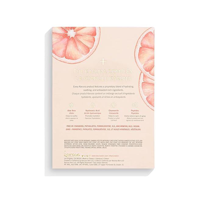 Karuna Brightening+ Sheet Masks for Radiant Skin, Hydrating Face Mask Skin Care Essential, Face Mask with Grapefruit Seed & Rare Asian Plant Extracts Plus Salicylic Acid, 4 Sheets per Pack