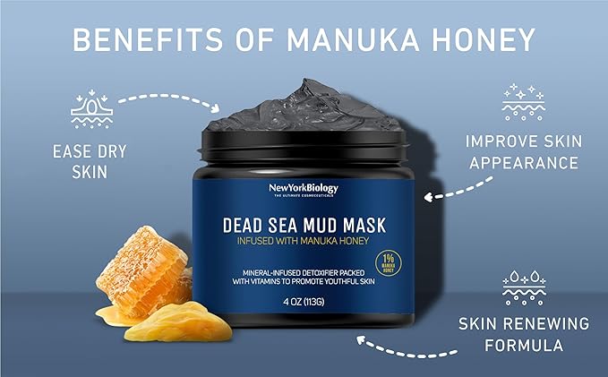 New York Biology Dead Sea Mud Mask for Face and Body with Manuka Honey - Spa Quality Pore Reducer for Acne, Blackheads and Oily Skin, Natural Skincare for Women, Men - Tightens Skin - 4 oz