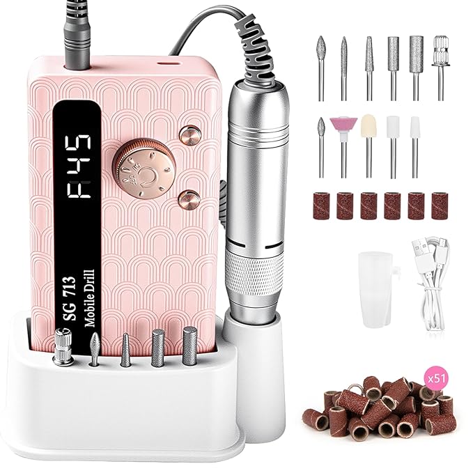 Electric Nail Drill - 45000RPM Portable Nail Drill丨Rechargeable Nail E-File Kit with 11 Bits & Base丨LED Screen丨Ultra-Silent, Rechargeable Nail Drills Machine for Acrylic Nails Gel Polishing(Pink)