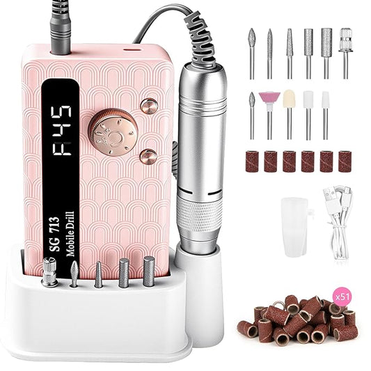 Electric Nail Drill - 45000RPM Portable Nail Drill丨Rechargeable Nail E-File Kit with 11 Bits & Base丨LED Screen丨Ultra-Silent, Rechargeable Nail Drills Machine for Acrylic Nails Gel Polishing(Pink)