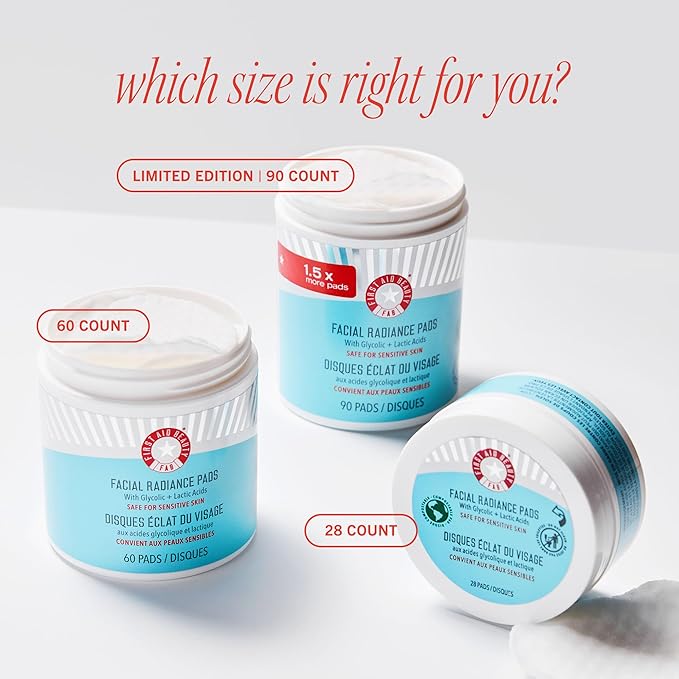 First Aid Beauty - Facial Radiance Pads with Glycolic & Lactic Acids, Daily Exfoliating Pads with AHA that Help Tone & Brighten Skin, One-Step Makeup Prep, Compostable for Daily Use, 60 ct