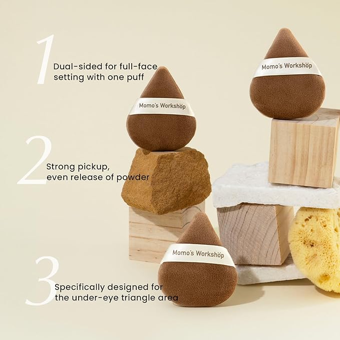 Momo's Workshop Pointed Powder Puff Large Size - Narrow Tip for Precision, Egg-Shaped Base for Even Application, Double-Sided Short Fluff, Works with Powder/Blush/Highlighter,Storage case,3PCS Puffs