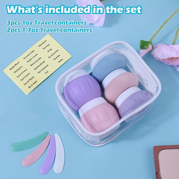 GLAMFIELDS TSA Approved 2Pcs 1.7oz+3Pcs 1oz Travel Size Silicone Jars BPA Free, Leak-proof Travel Essentials with Lid for Cosmetic Face Hand Body Cream Purple(5Pack)